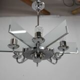Six-Arm Art Deco Chandelier in Chrome and Sandblasted Glass, 1940s