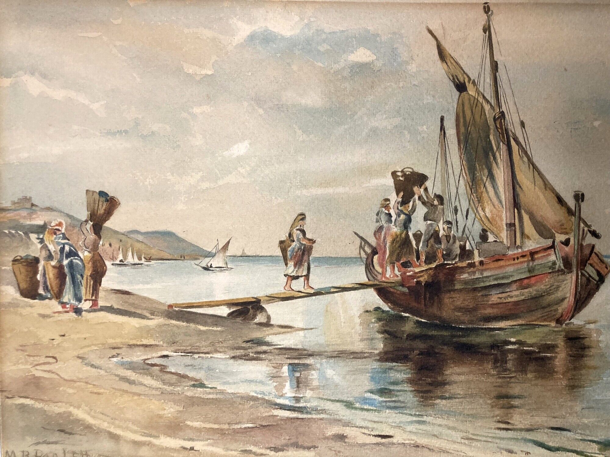 2201039 Watercolor Return from fishing in Portugal signed early twentieth century