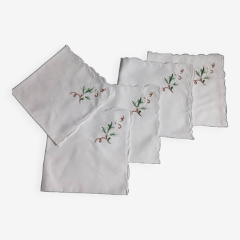 5 serviettes de table vintage en coton brodé, décor feuille de vigne