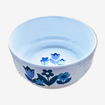 Plat saladier années 70 en porcelaine fleurs bleues