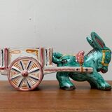 Vintage Italian hand-painted sculpture of a donkey with a cart in the shape of a bowl from Deruta, Italy.