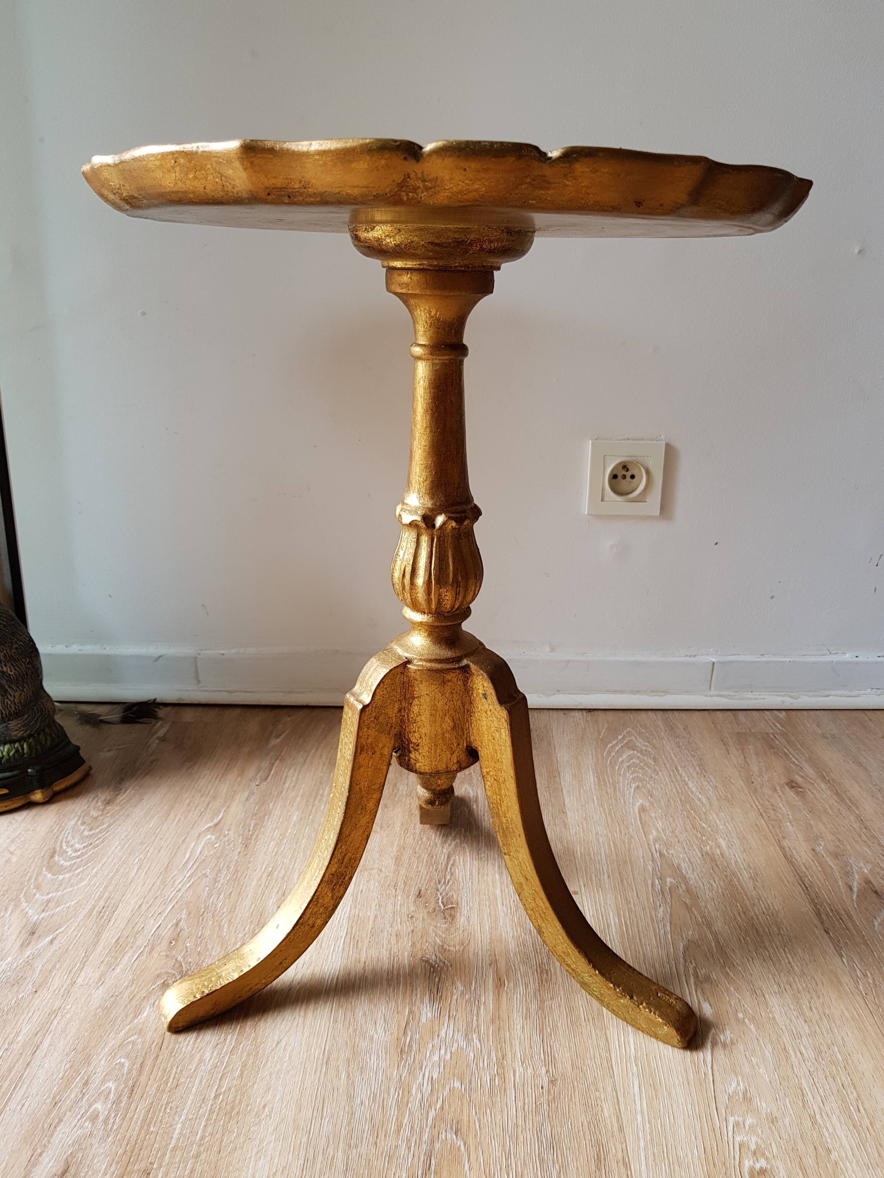 Golden wood tripod pedestal table