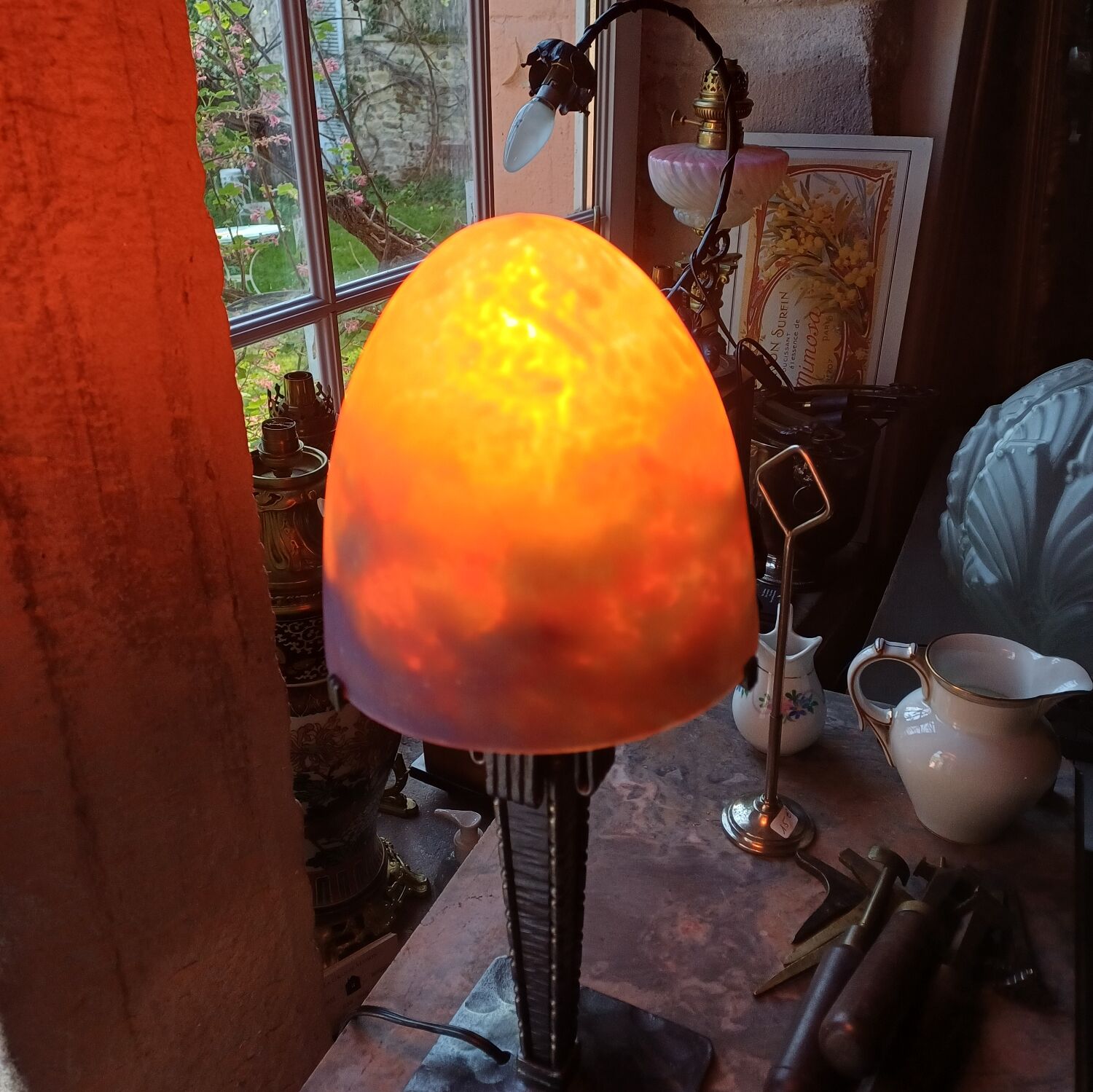 Art Deco Mushroom Lamp Obus glass paste Muller, wrought iron