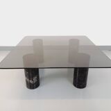 Table basse italienne carrée vintage en marbre et verre des années 70