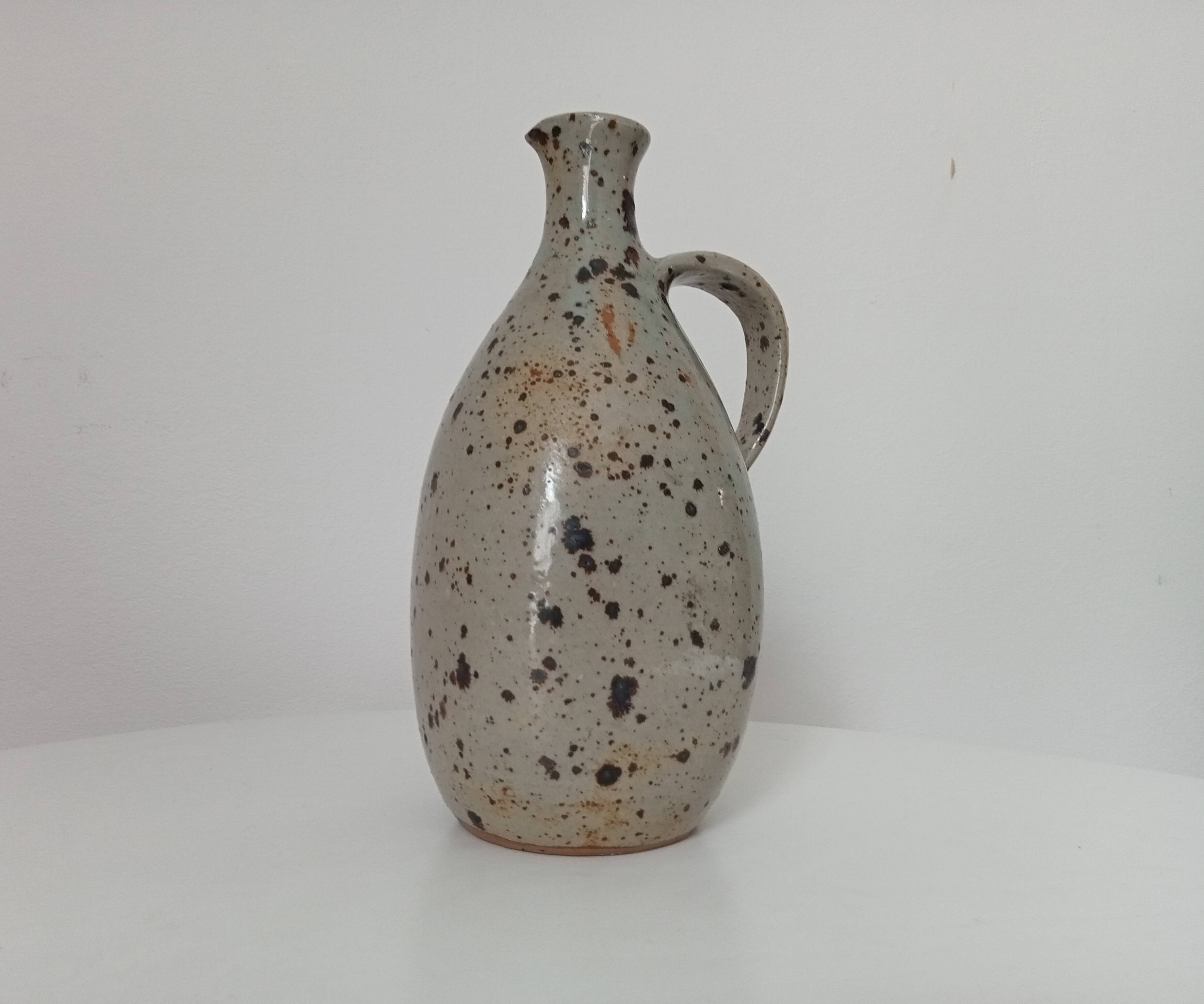 Signed pitcher in vintage speckled stoneware