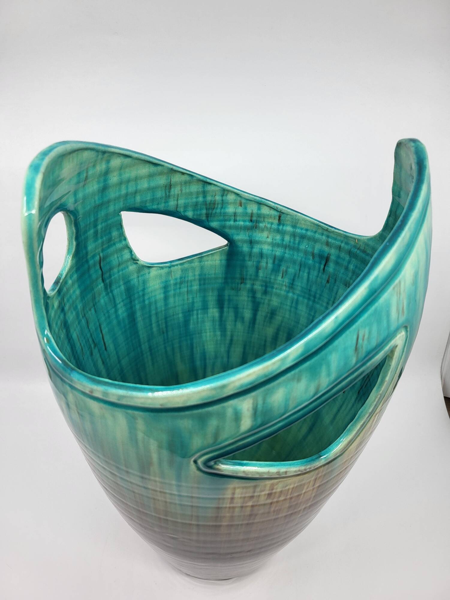 Vase Accolay signé J C en céramique Marron, Bleu France Vintage Design 1960