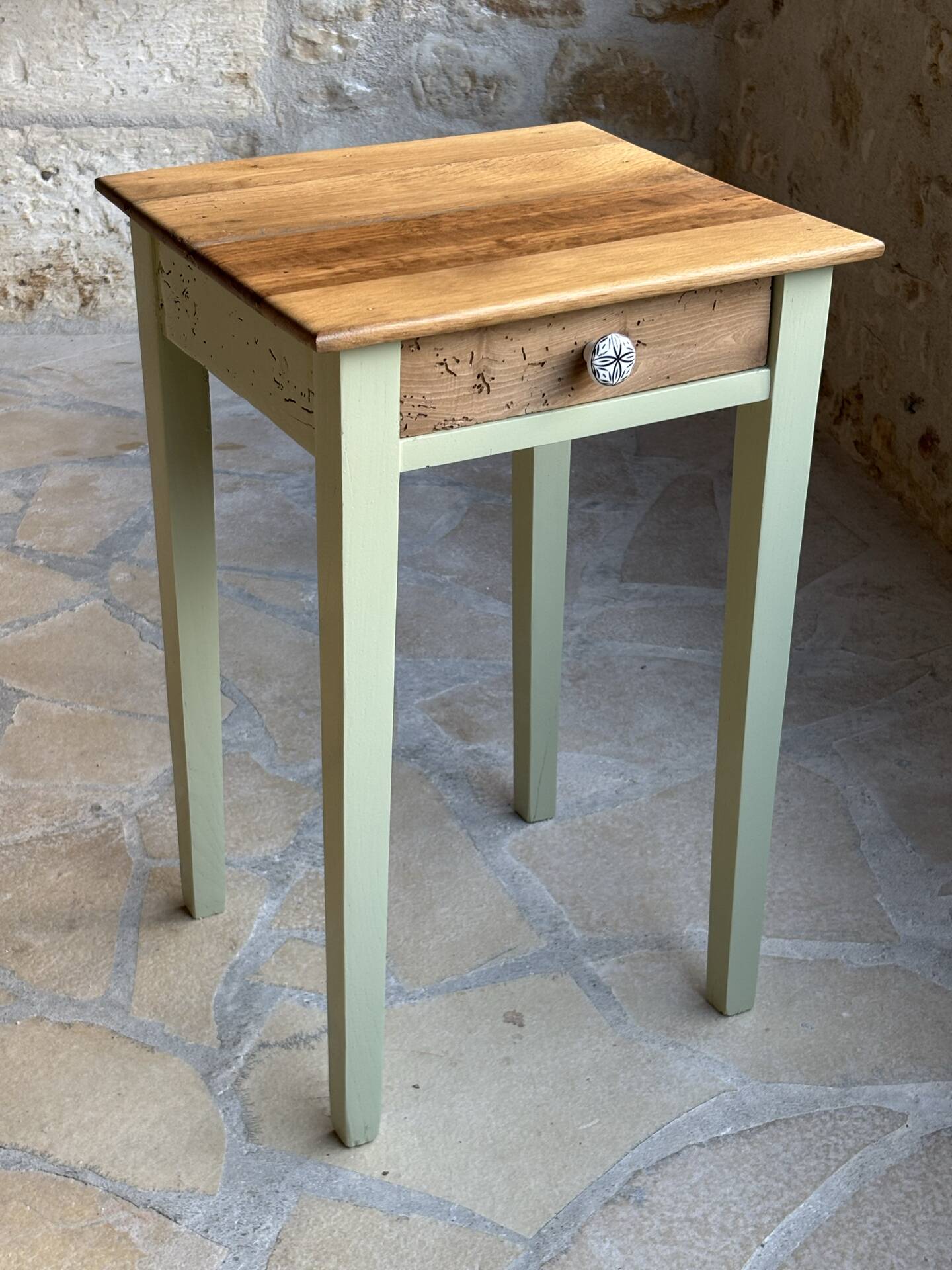 Restored antique oak bedside table - almond green and natural varnished wood