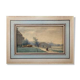 Watercolor painting circa 1870 "The conversation" signed with Marie Louise