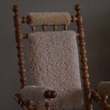 Pair of sculptural Danish modern rocking chairs in lambswool and oak, brutalist, 1950.