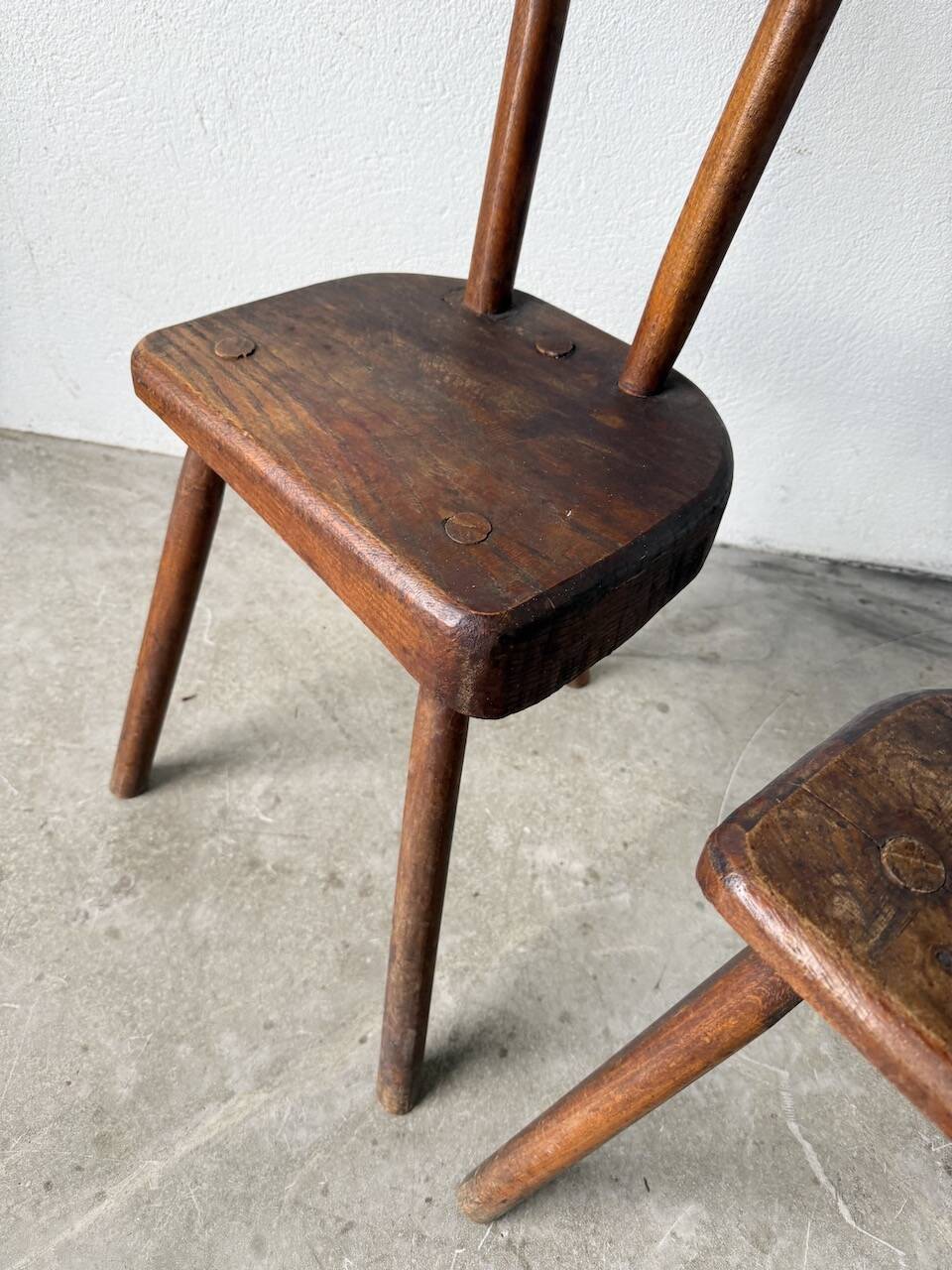 Pair of Savoyard tripod chairs, folk art, oak.