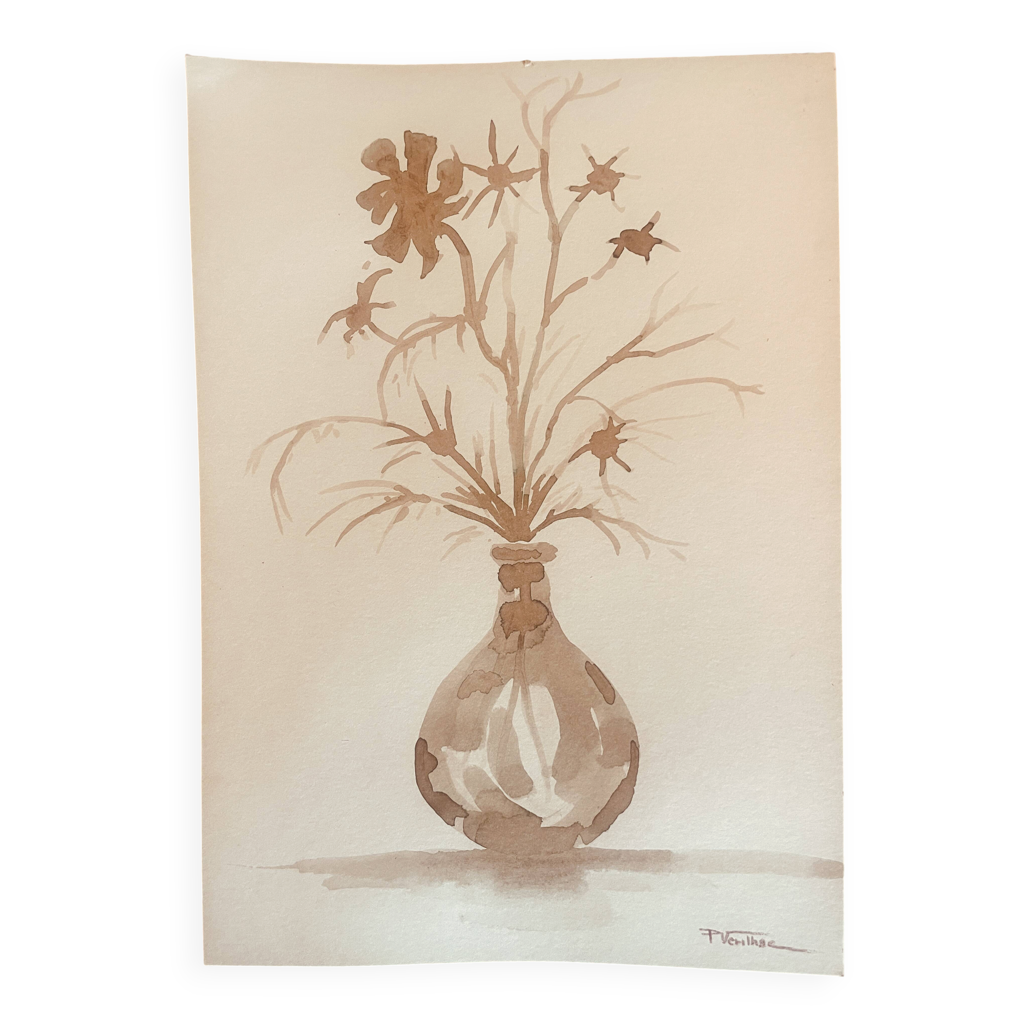 Signed still life monochrome sepia painting "dried flowers"