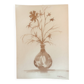 Signed still life monochrome sepia painting "dried flowers"
