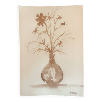 Tableau, nature morte monochrome sépia « fleurs séchées », signé