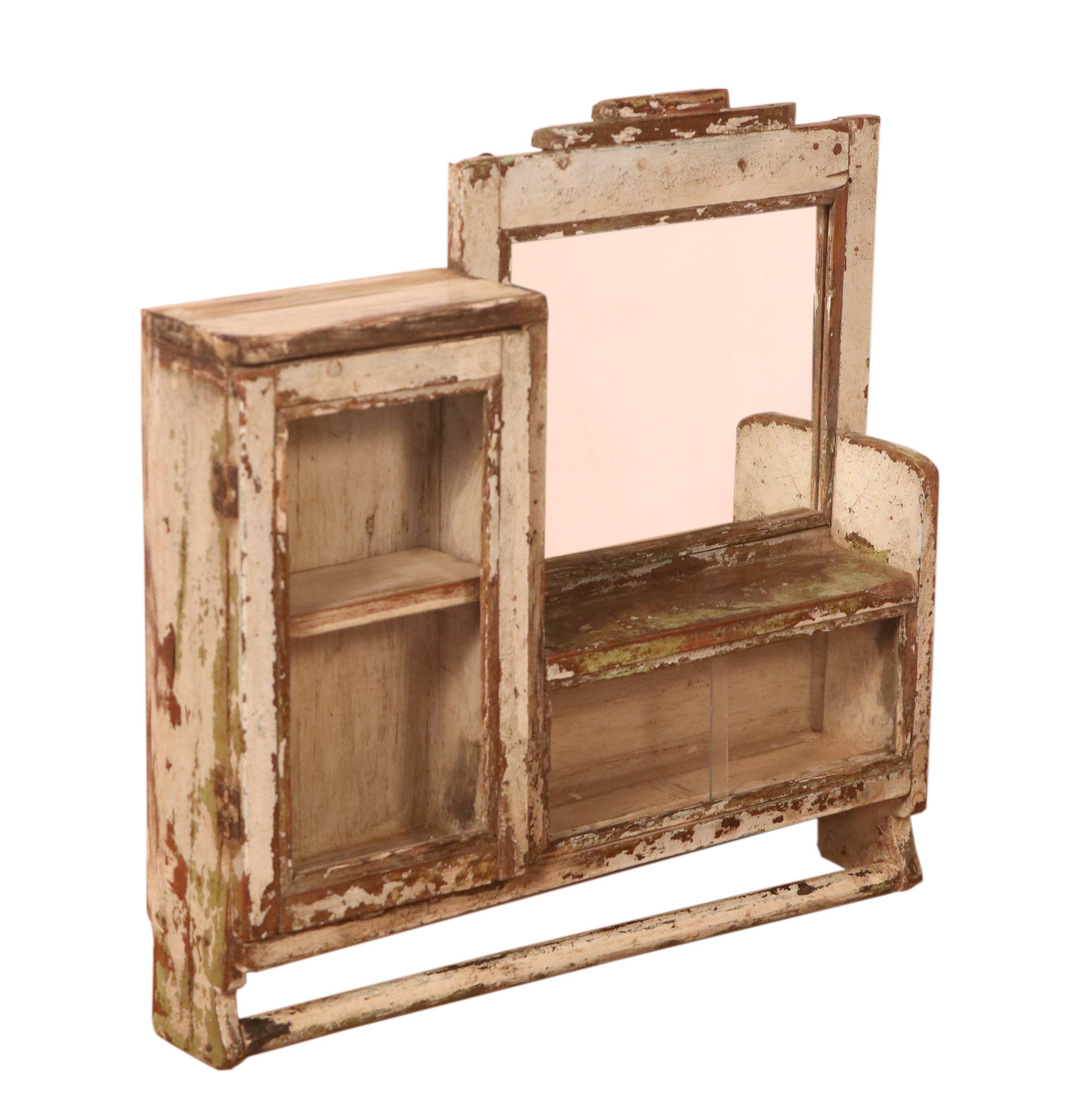 Old mirror - art deco shelf in original burmese teak ecru patina