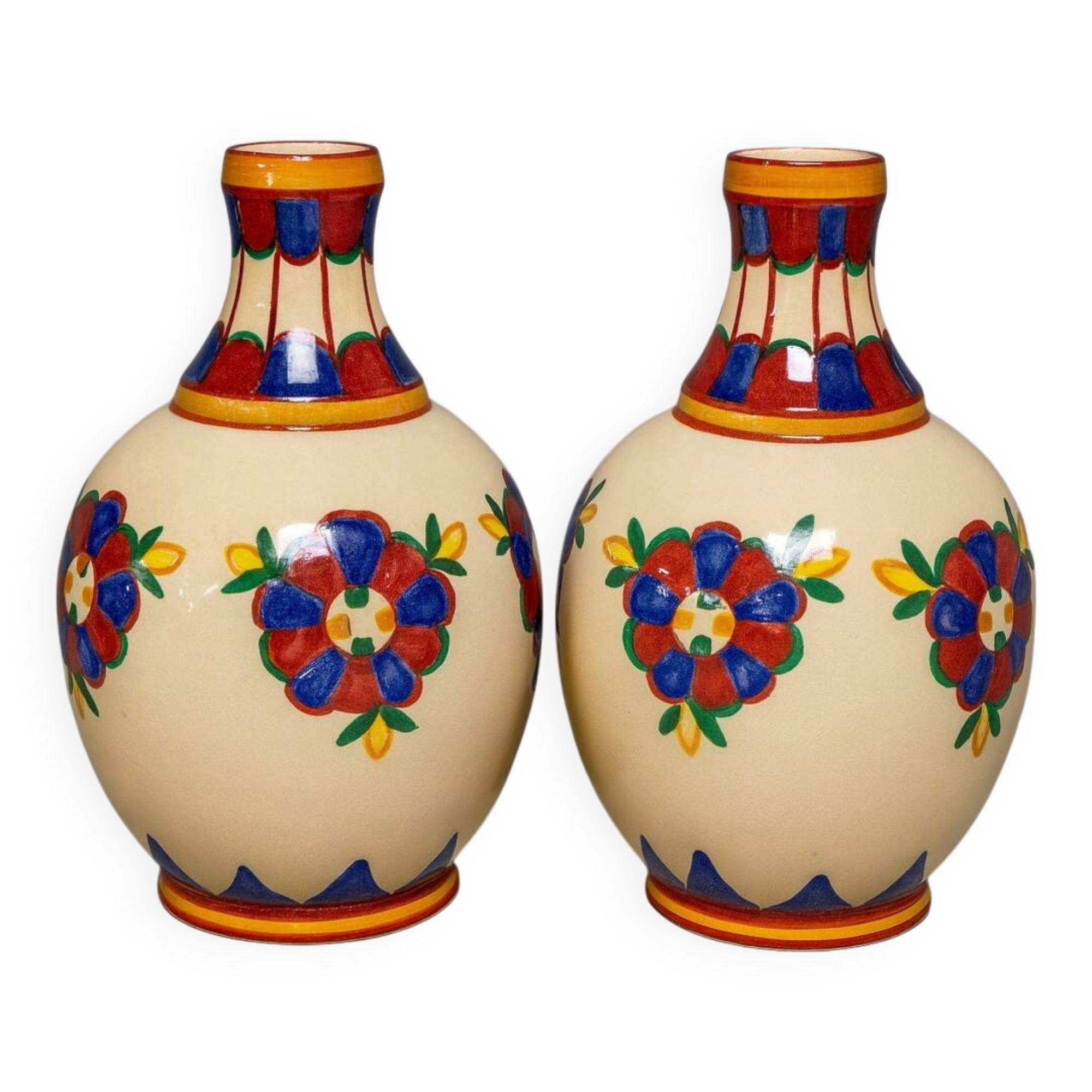 Desvres by Henri Delcourt: pair of signed Art Deco vases.