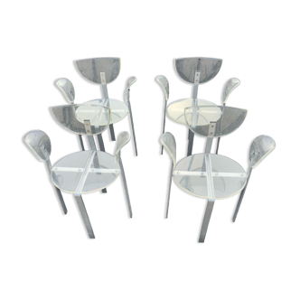 Series of 4 plexiglass and metal chairs, postmodern design, late 80s