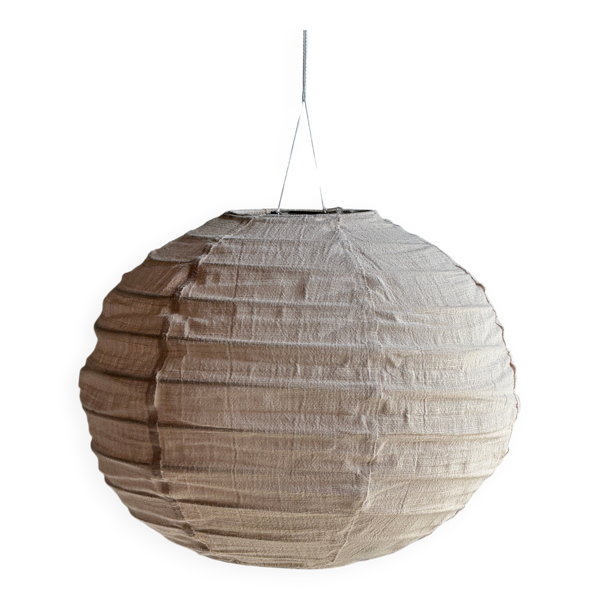 Petite suspension en rotin et lin naturel japonisante ronde rosée D30