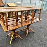 Vintage 50s set: large table - tripod base and woven chestnut benches