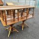 Vintage 1950s set: large table with tripod base and benches in woven chestnut