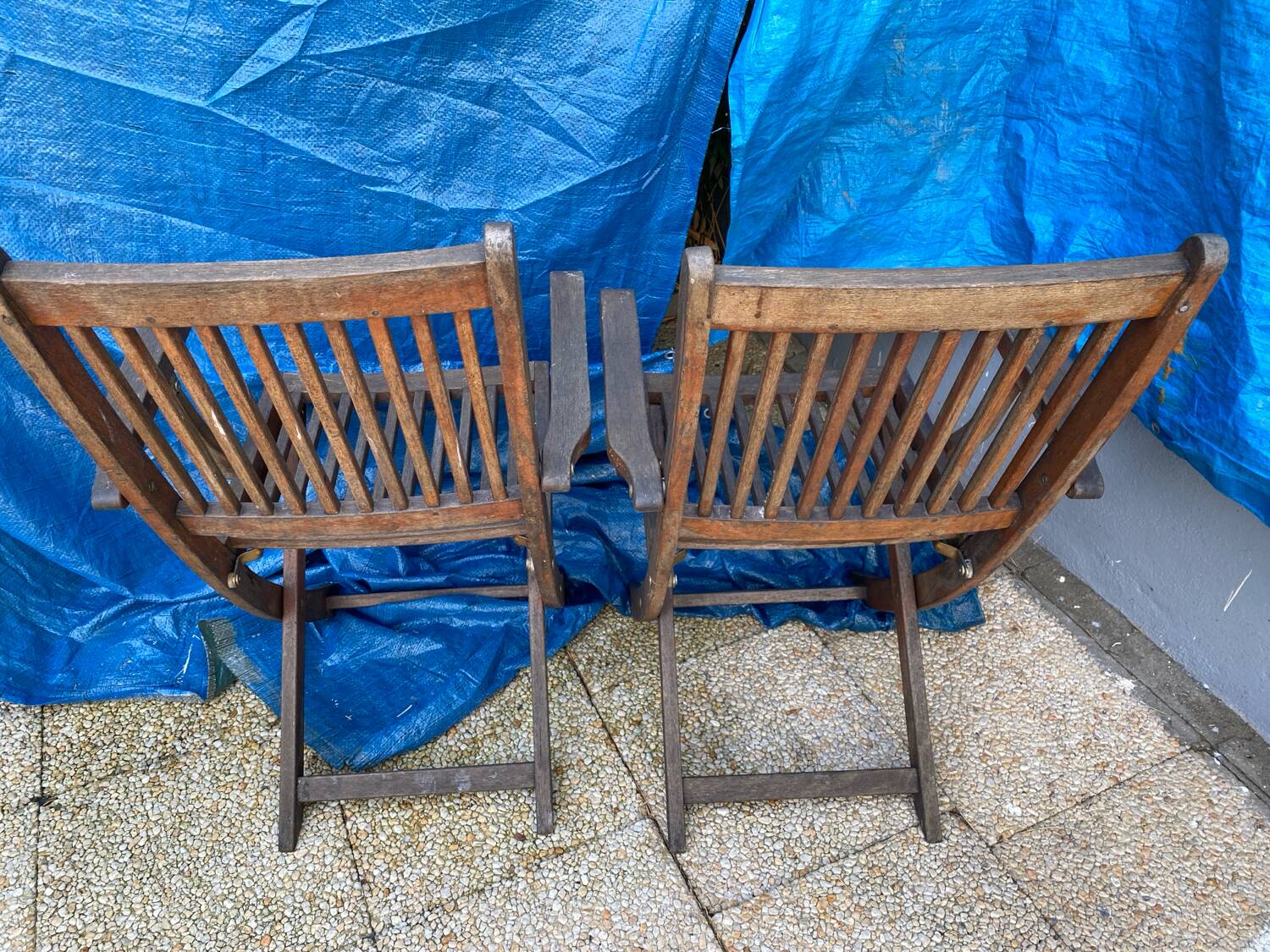 Set of 4 folding chairs/armchairs with armrests in exotic wood