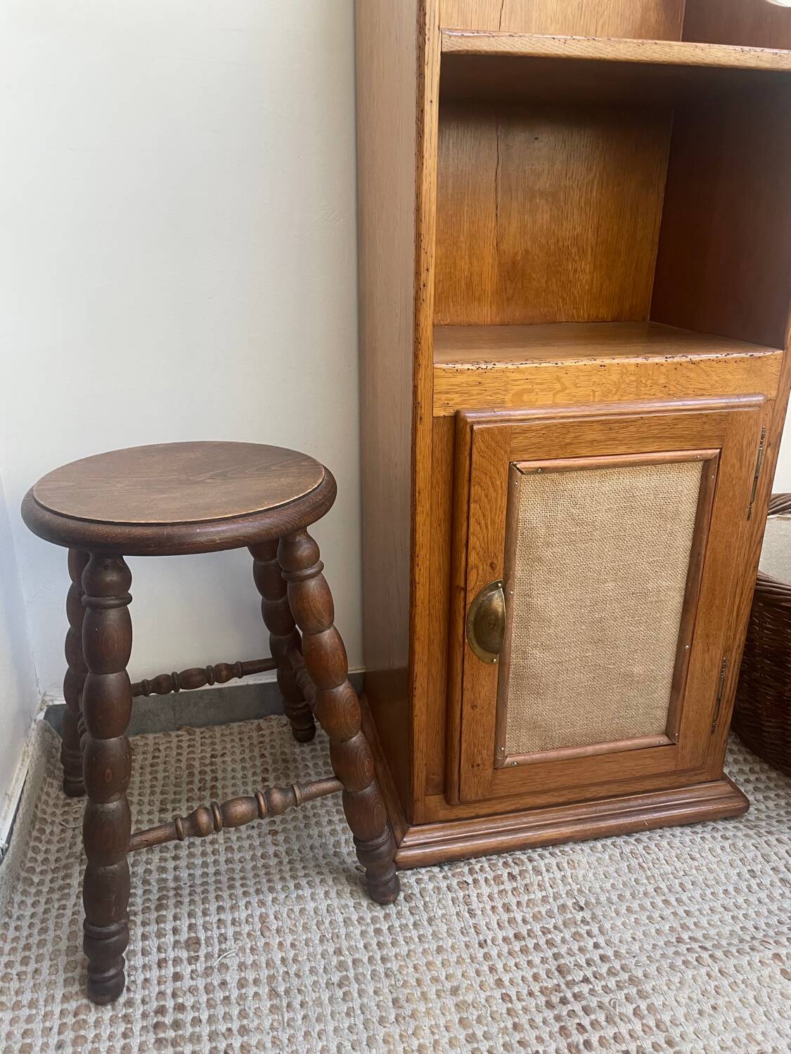 Turned wood tripod stool