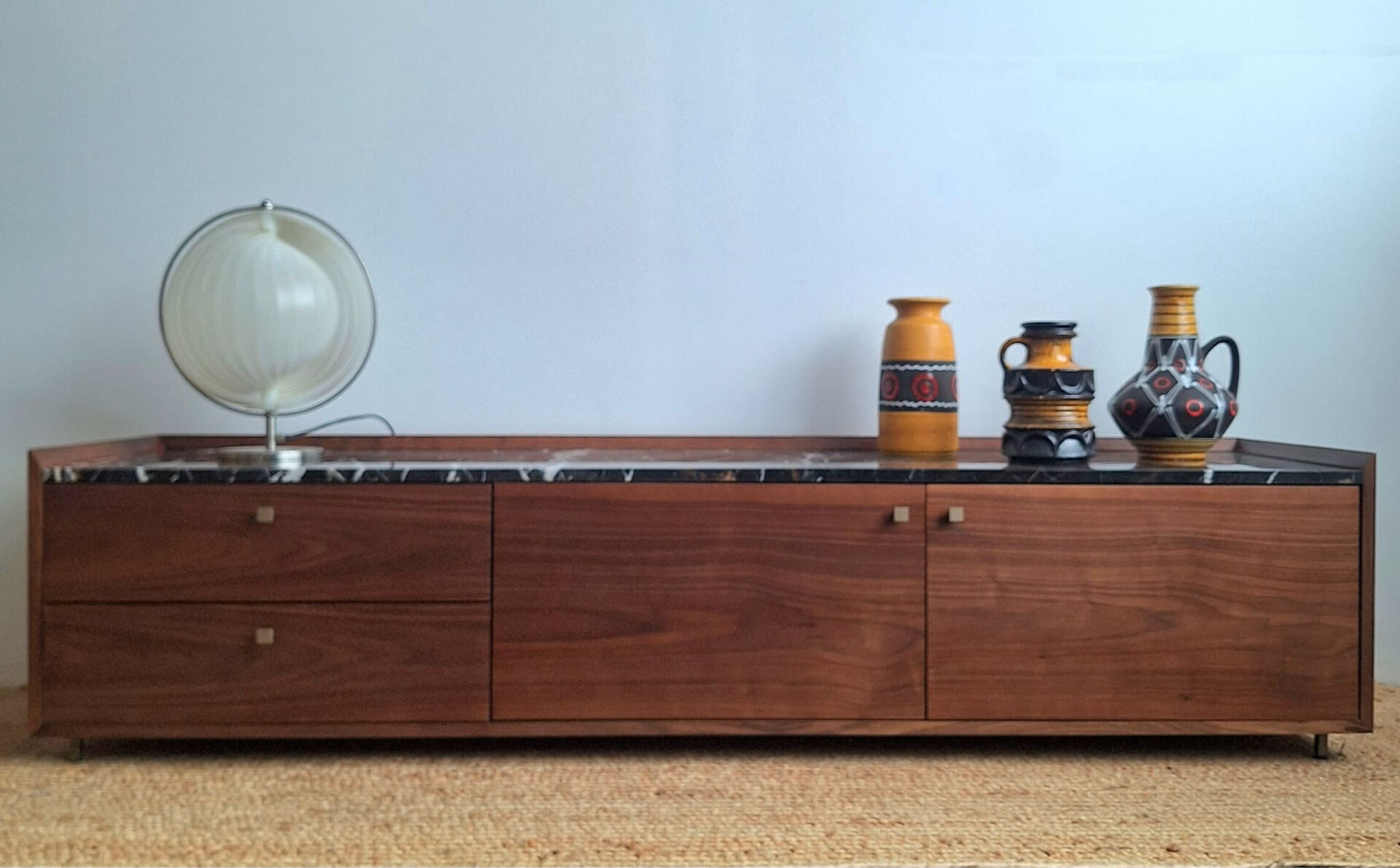 AMPM Noham TV unit, walnut sideboard with amber marble.