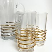 Vintage glassware set with decanter – golden spirals, France 1960