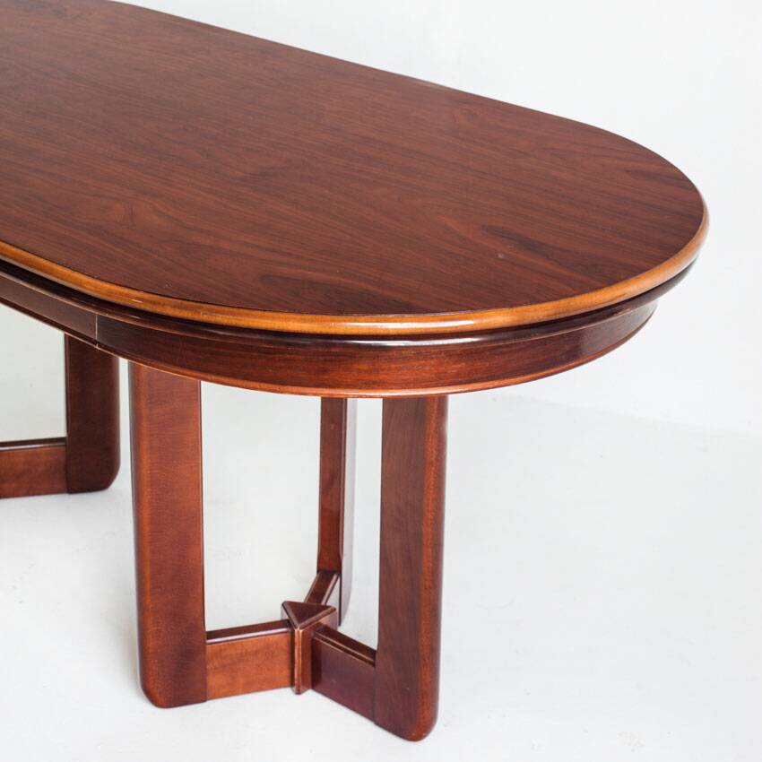 Vintage dining table with two extensions in varnished elm. Spain, 80s.