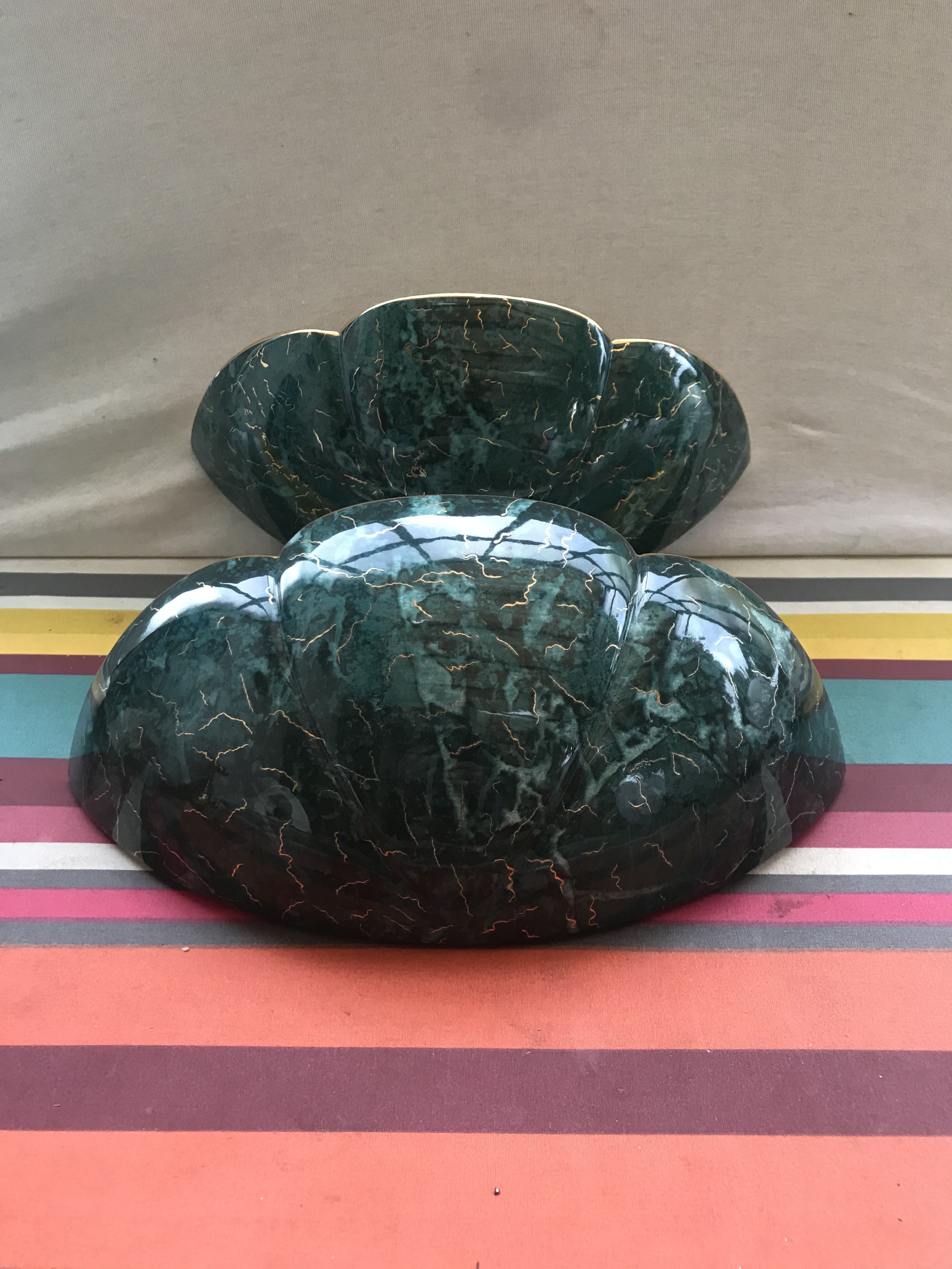 Old Pair wall light  Green Ceramics Style Marble - Vintage Golden Veins