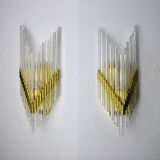 Pair of Venini gold wall lamps, Murano, tubular glasses, Italy, 1970