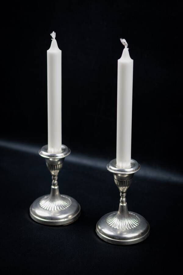 Pair of Small Antique Silver Metal Candlesticks - Fluted Base