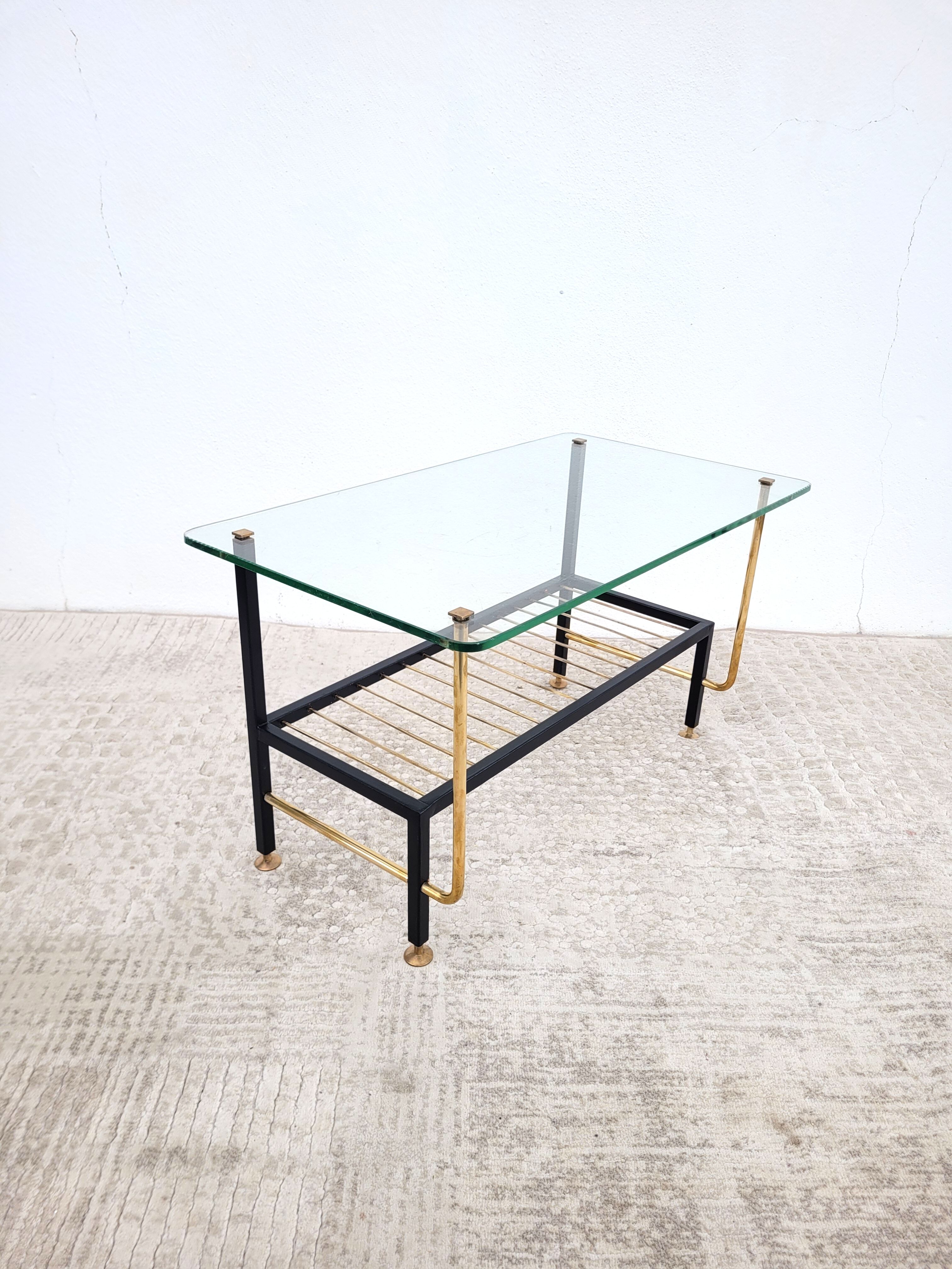Asymmetrical coffee table 1960 glass and brass