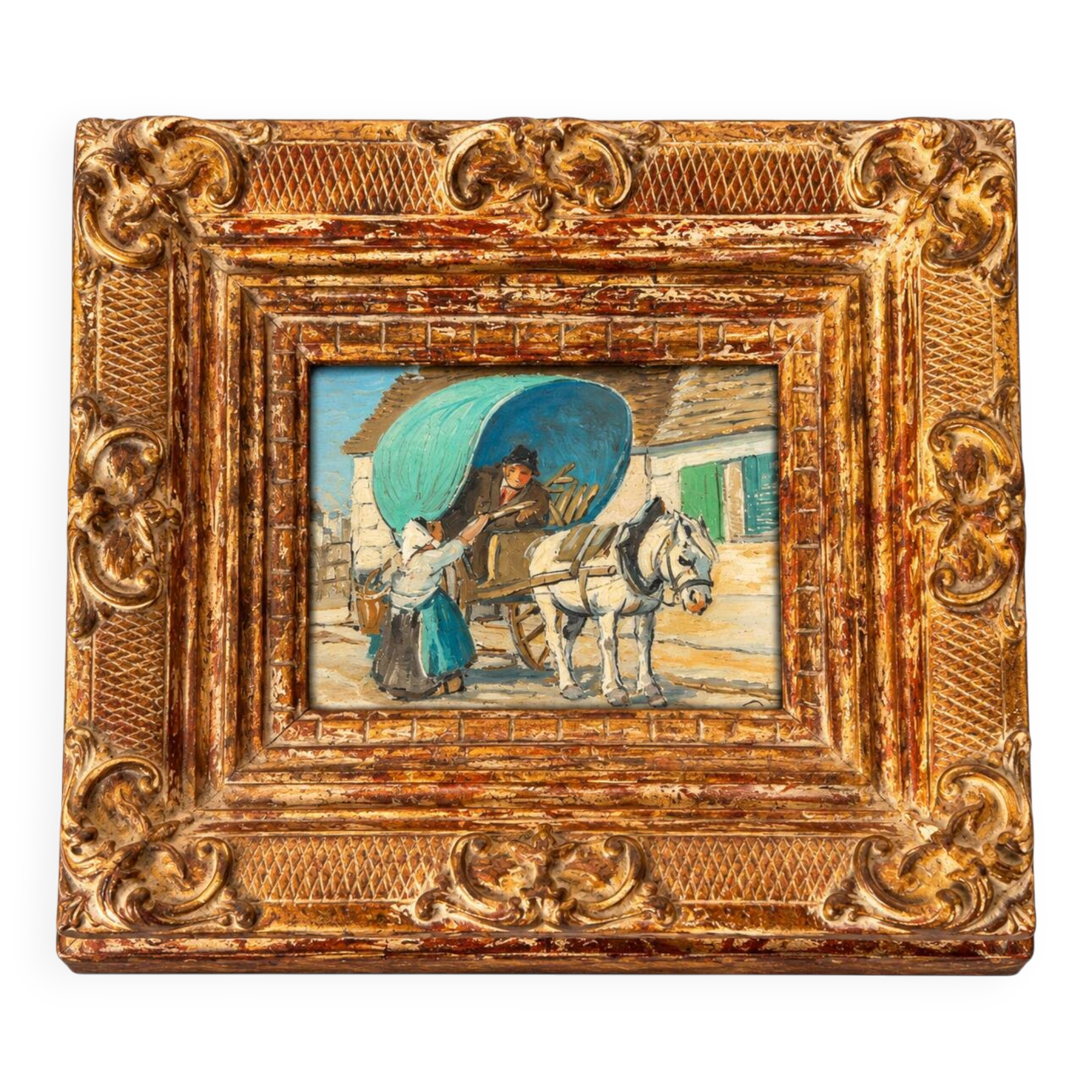 Small antique painting signed Daniel Rouvière – Village scene with horses
