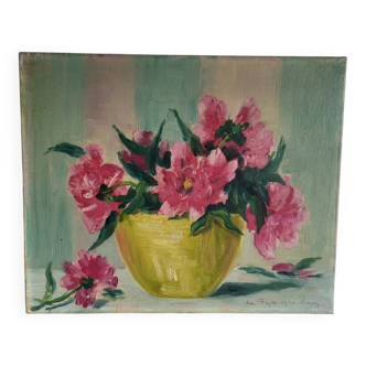 Tableau huile sur toile bouquet de fleurs, XXème