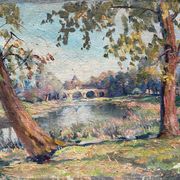 Hst painting "countryside landscape at the river" by pierre bonnerot (1891-1981)