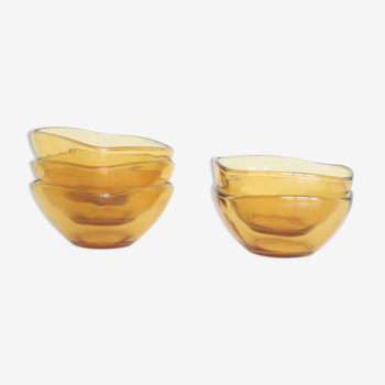 Set of 5 small amber glass bowls, Vereco, vintage French