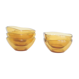 Set of 5 small amber glass bowls, Vereco, vintage French