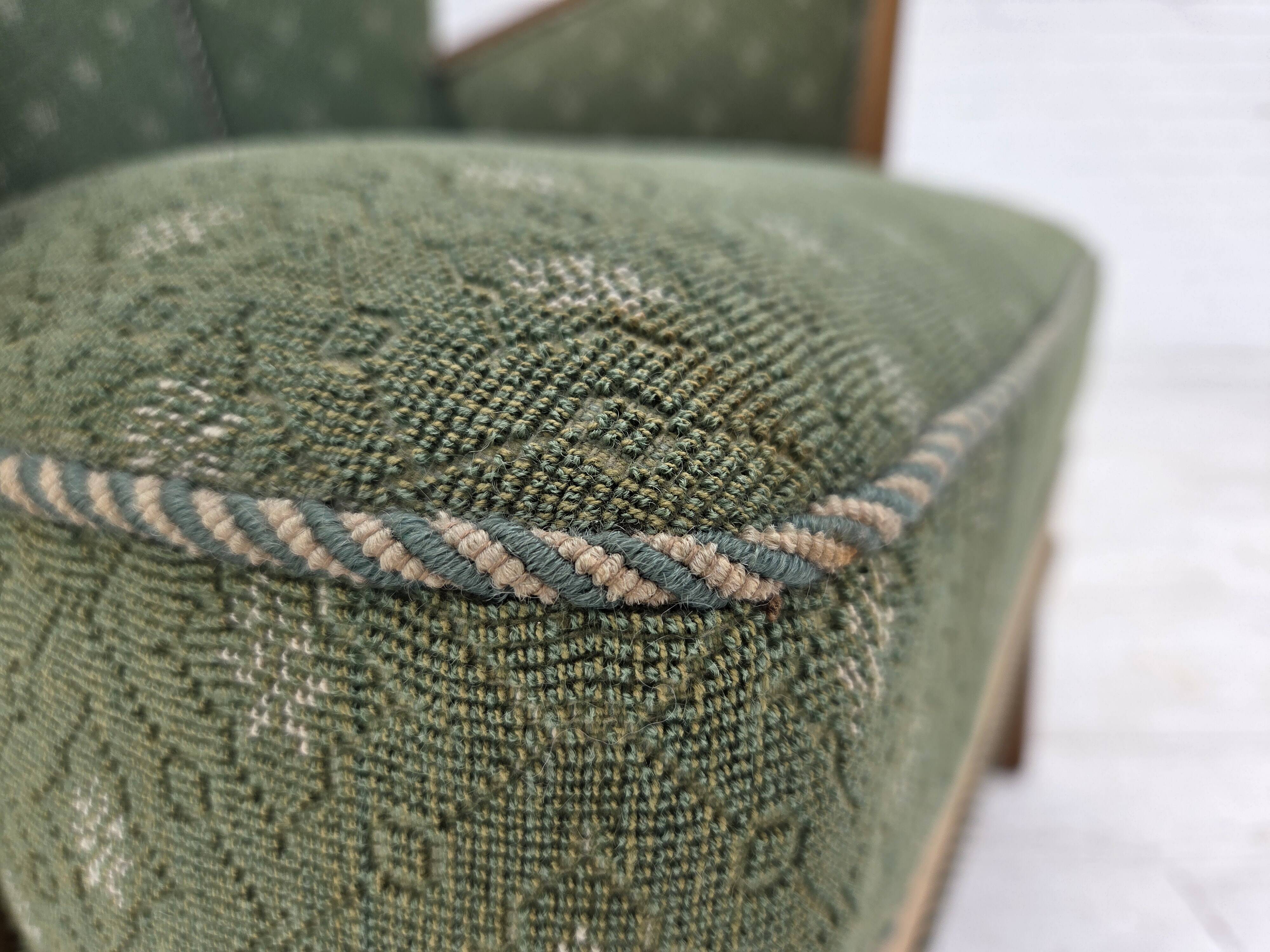 1950s, Danish armchair, original green/beige furniture wool, oak wood.