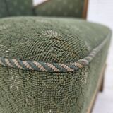 Fauteuil danois des années 1950, mobilier d'origine vert/beige en laine, bois de chêne.