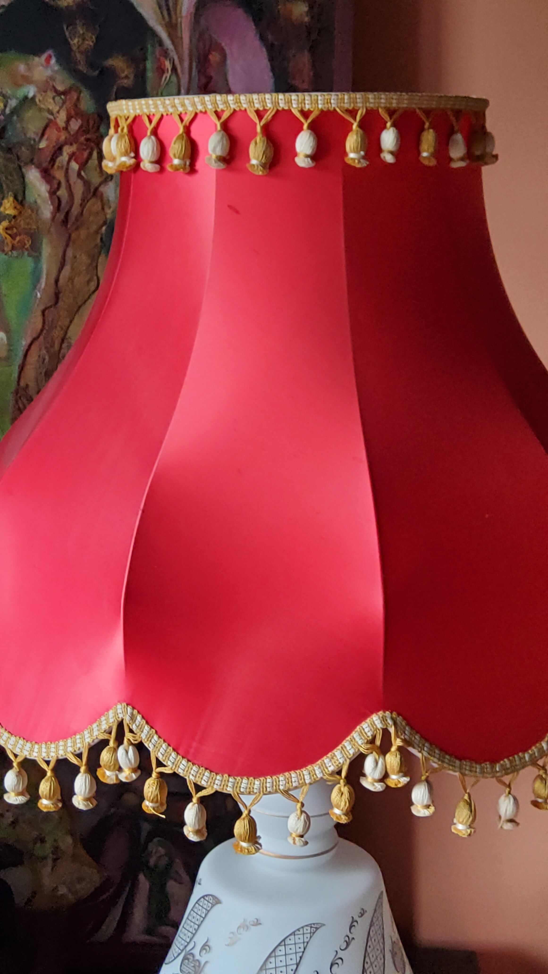 Vintage lamp of the 50s in white and golden opaline glass lampshade in red satin 75cm