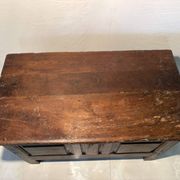 Rustic antique oak chest, original fittings and moulded panels.