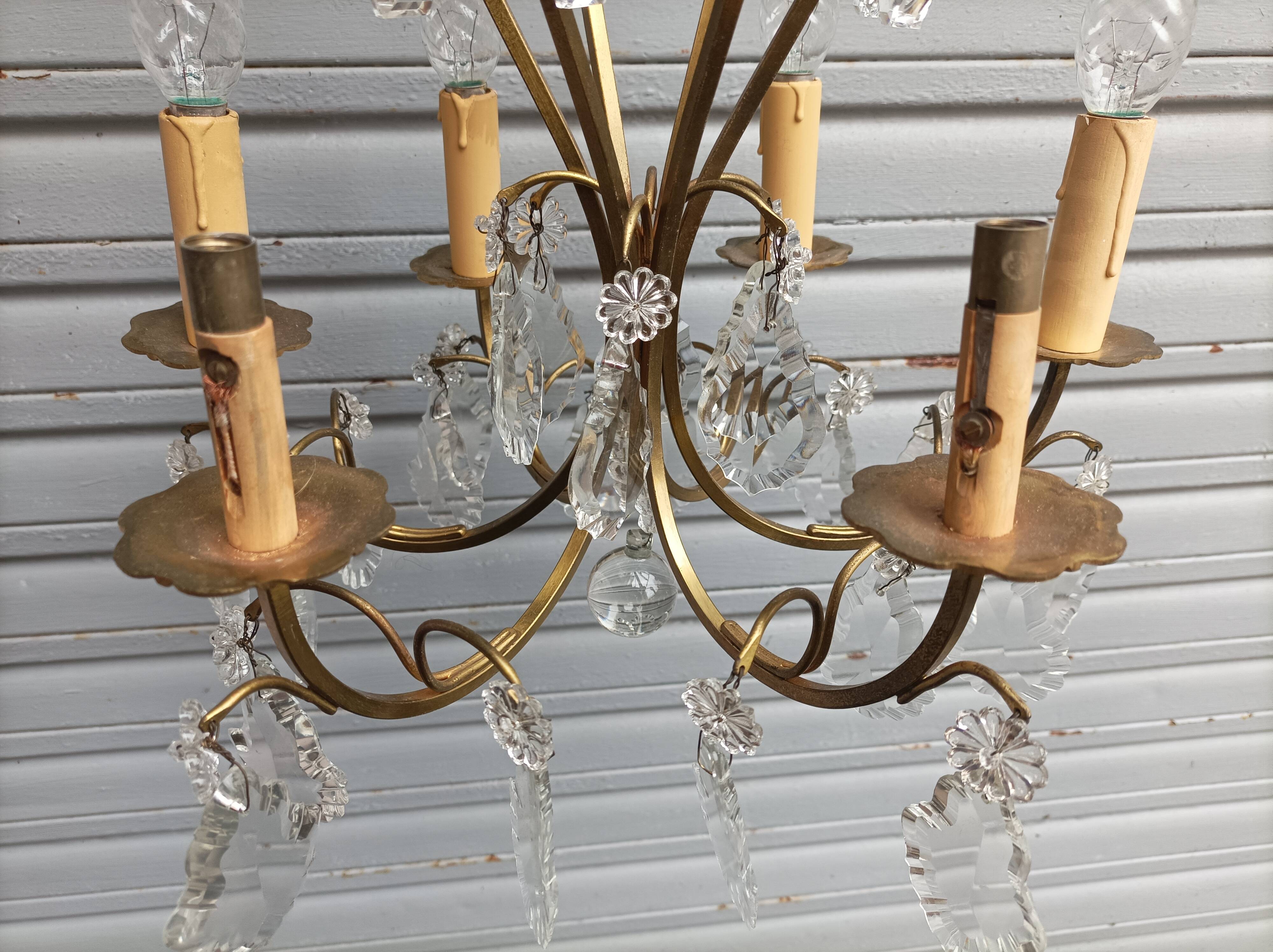 Remarkable 6-light cage chandelier with crystal pendants, complete and in working order.