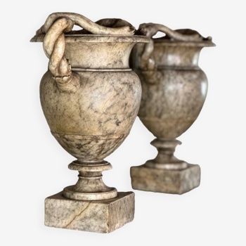 Paire D’urnes Aux Serpent En Albâtre, Italie, XIXème Siècle