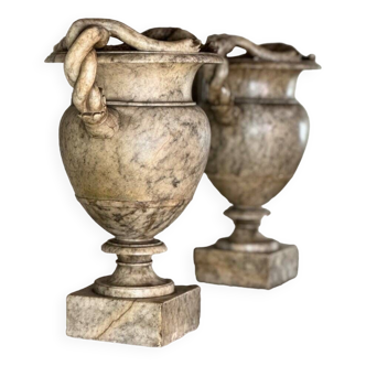 Pair Of Snake Urns In Alabaster, Italy, 19th Century