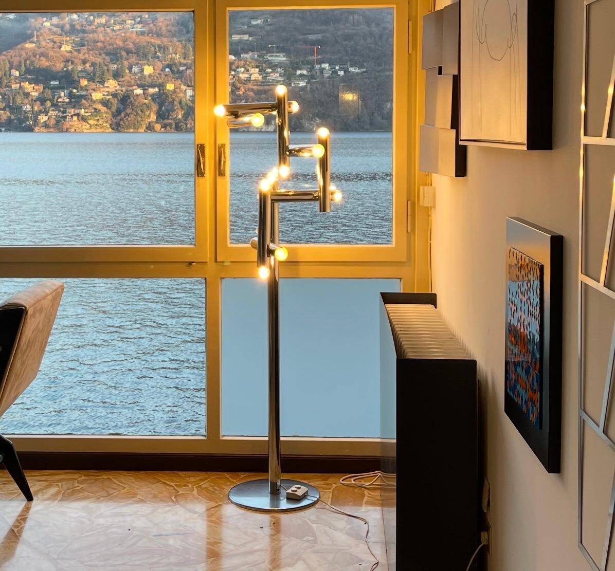Vintage Italian Space Age floor lamp Reggiani, geometric tubes, minimal chromed
