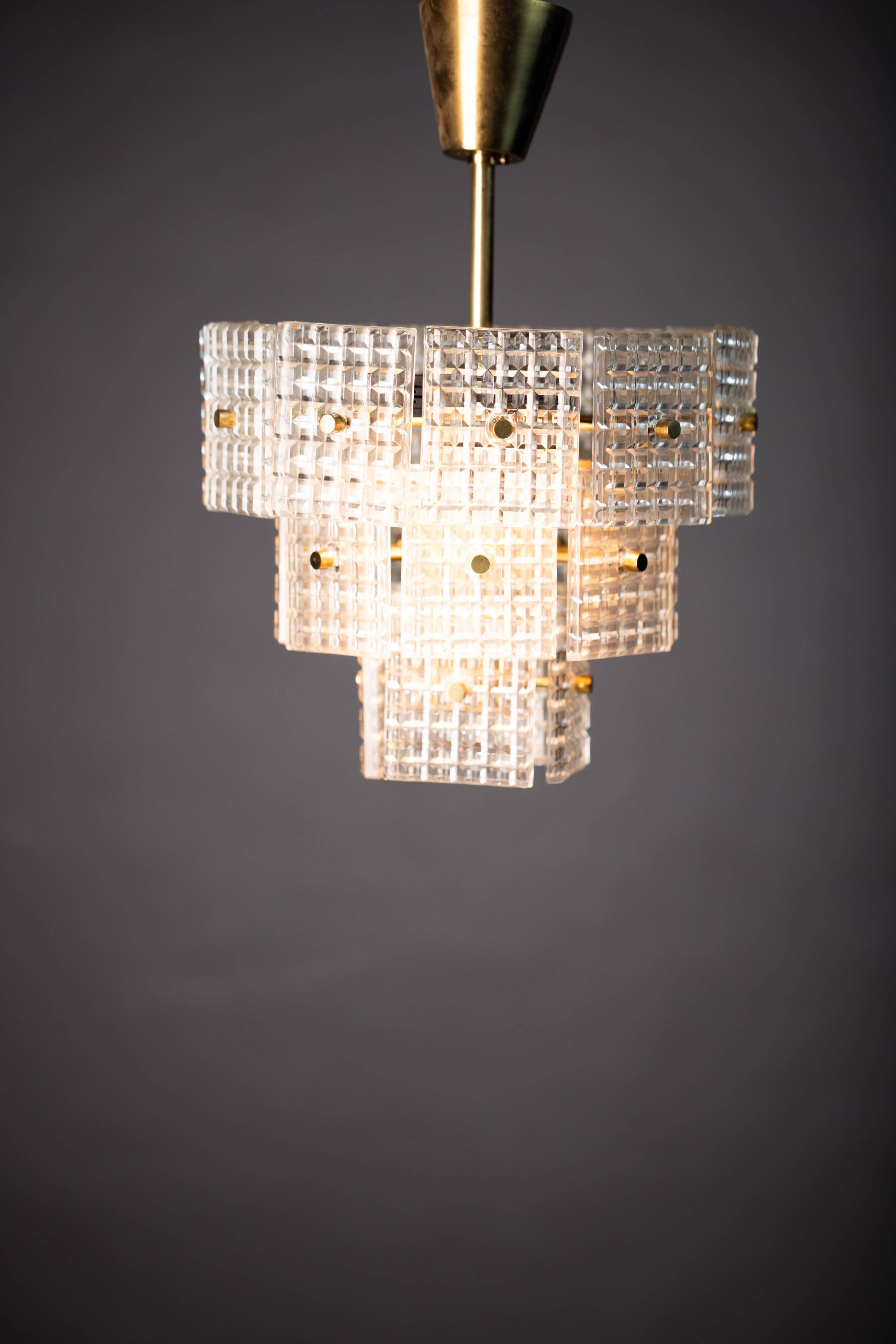 Vintage Embossed Glass Chandelier: 1970s Brass Pendant Lamp