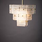 Vintage Embossed Glass Chandelier: 1970s Brass Pendant Lamp