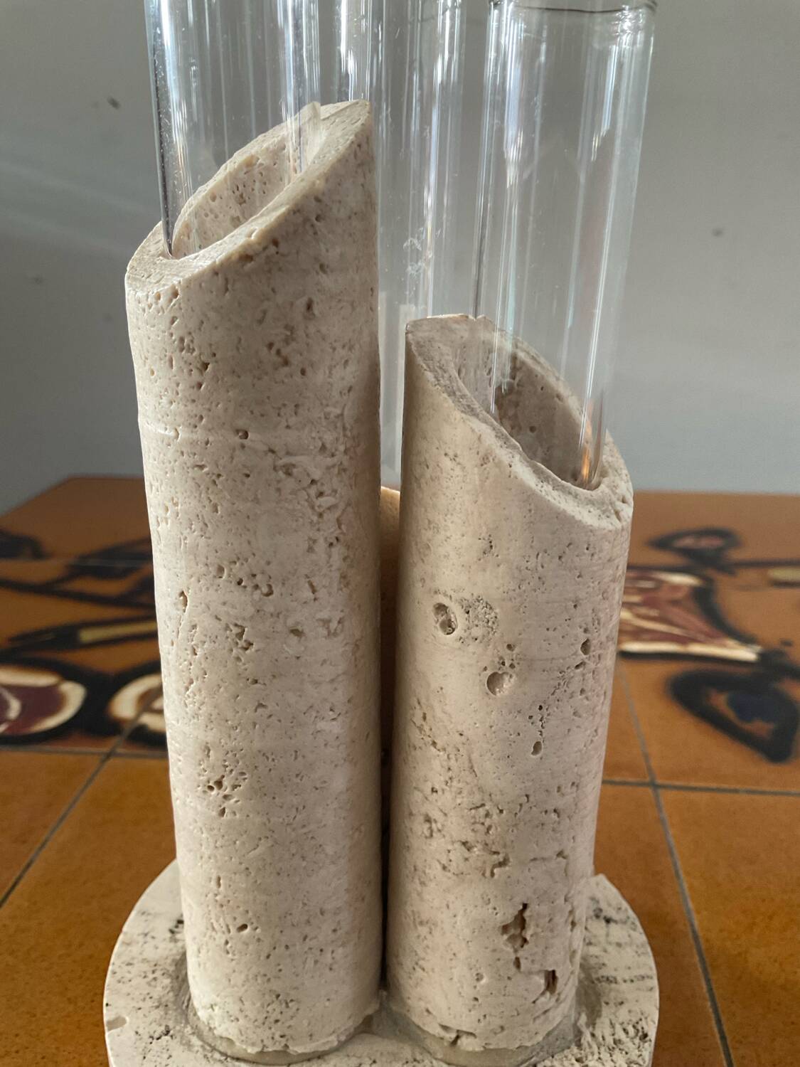 Vintage soliflore vase in travertine and glass