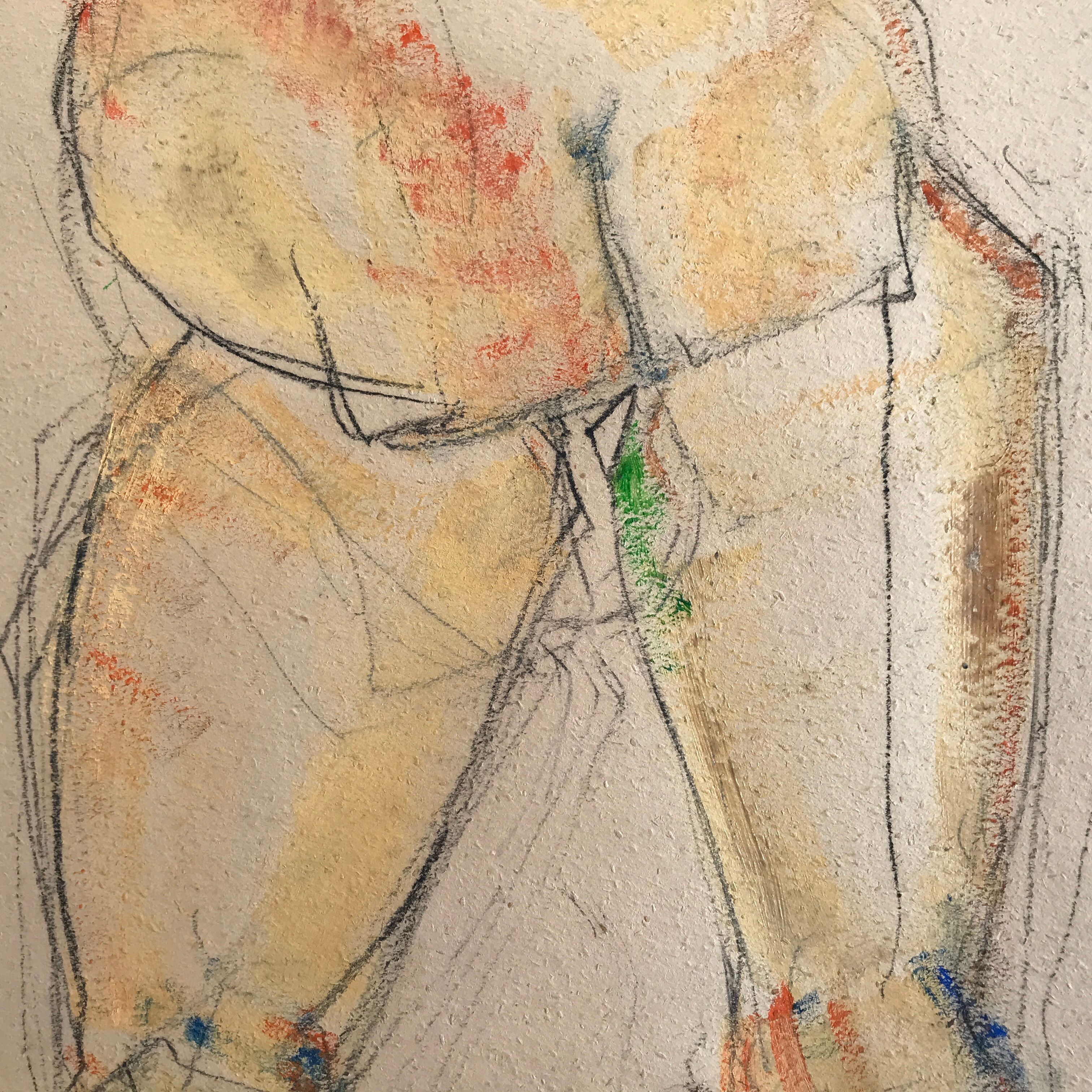 Mixed media on paper by robert haisley, study of female body, with color highlights