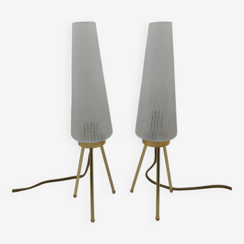 Pair of vintage brass tripod lamps and chiseled glass tulip